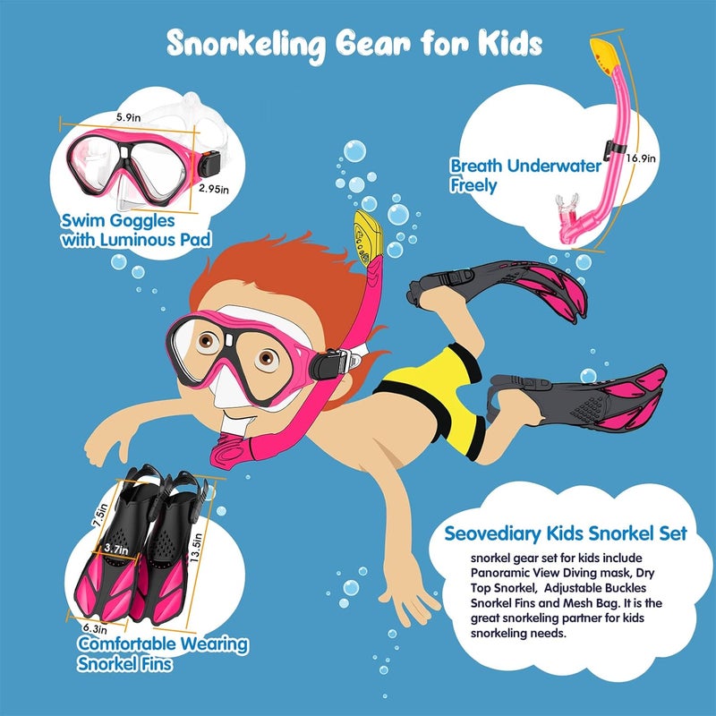 Seovediary Kids Snorkel Set, Mask Fins Snorkeling Gear for Kids Anti-Fog Swim Goggles 180 Panoramic View Dry Top Snorkel and Dive Flippers Combo with Travel Bag for Snorkeling Training Swimming Diving - Image 4